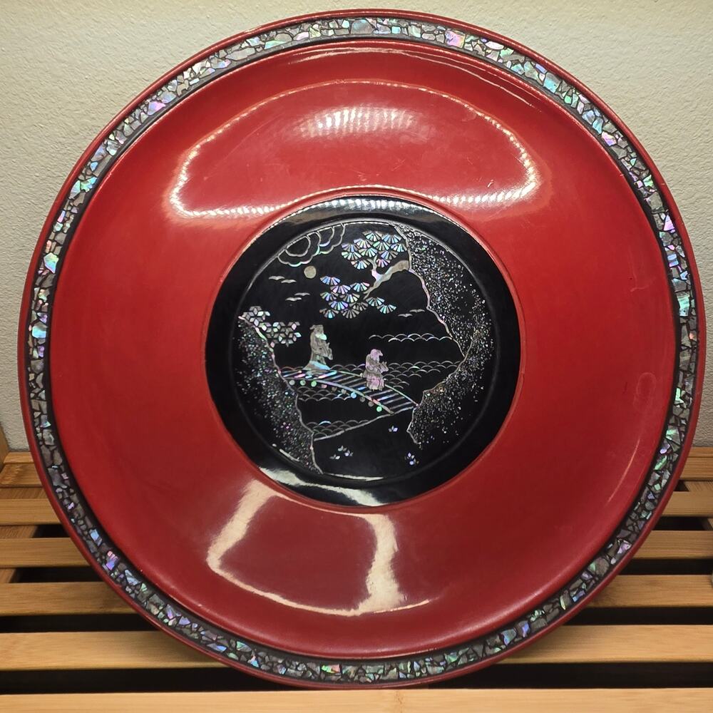 Antique Japanese Ryukyuan Lacquerware Plate Mother of Pearl Inlay Landscape